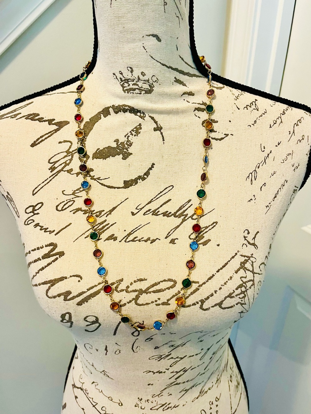 Vintage 30” Austrian Crystal Bezel Set Long Necklace Gold Tone